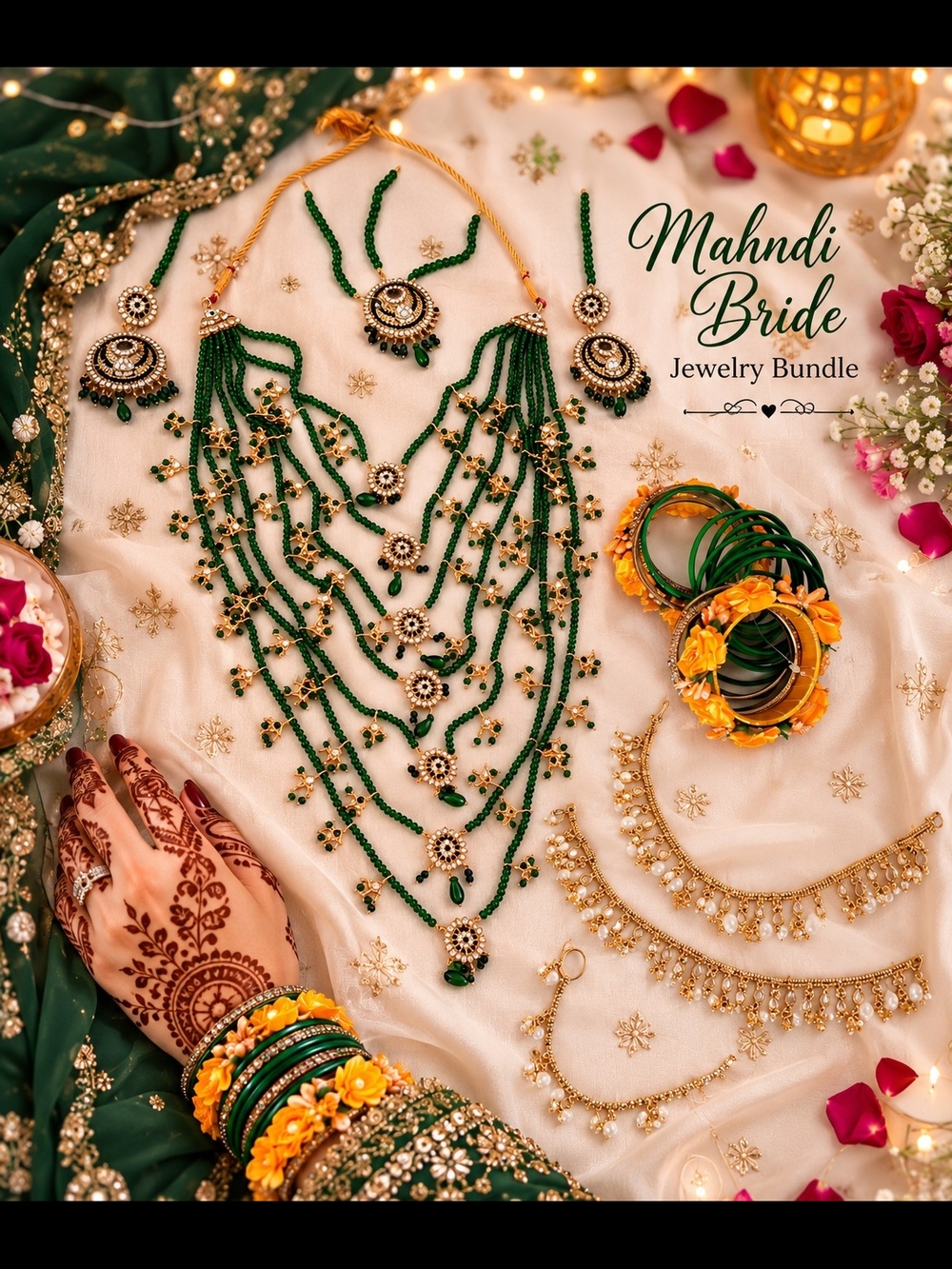 Mahndi Bride Green Beaded Jewelry Set -
